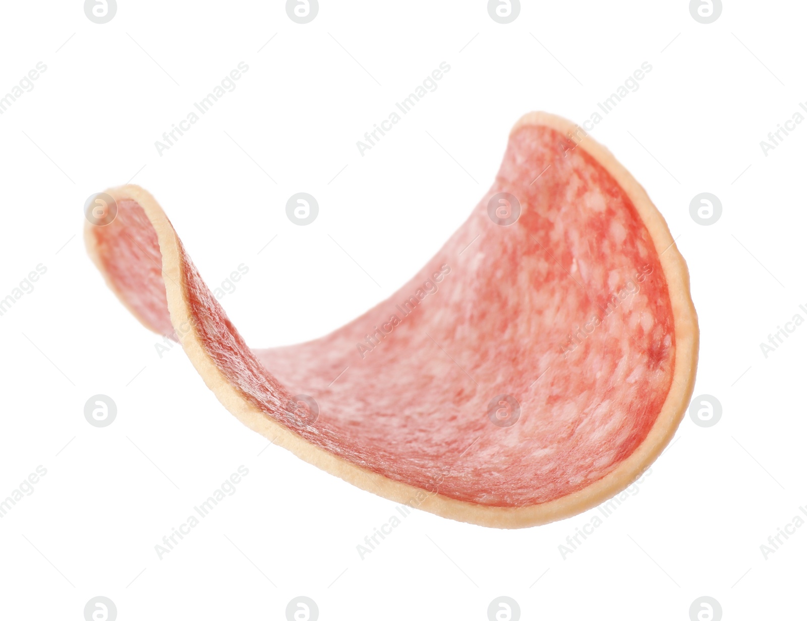 Photo of Piece of salami smoked sausage isolated on white