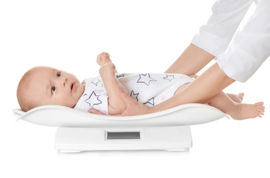 Doctor weighting baby on scales against white background