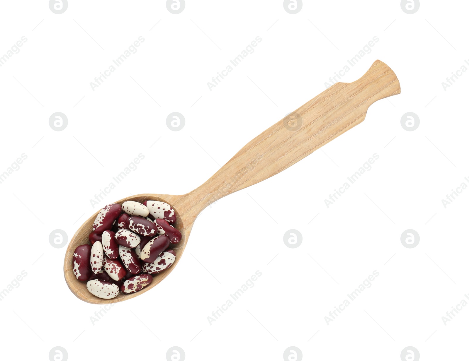 Photo of Wooden spoon with dry kidney beans isolated on white, top view