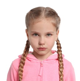 Photo of Upset girl on white background. Children's bullying