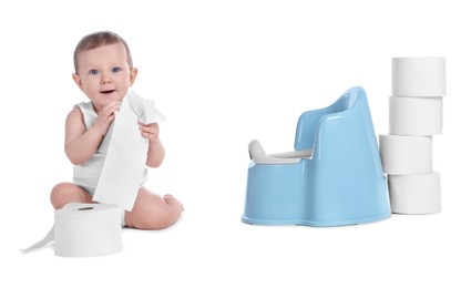 Little child near baby potty and stack of toilet paper rolls on white background