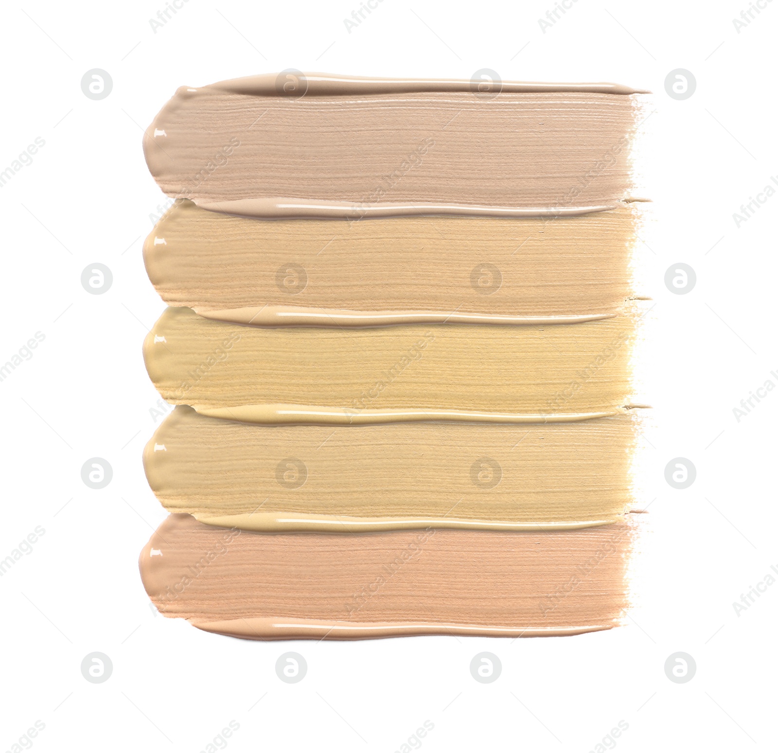 Image of Foundation of various shades for different skin tones isolated on white, top view. Set of samples