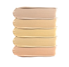 Image of Foundation of various shades for different skin tones isolated on white, top view. Set of samples