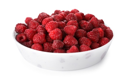 Photo of Plate with ripe raspberries on white background