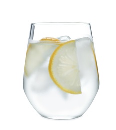 Photo of Glass of water with ice cubes and lemon slices on white background. Refreshing drink