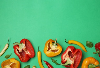 Photo of Flat lay composition with fresh ripe vegetables on color background. Space for text
