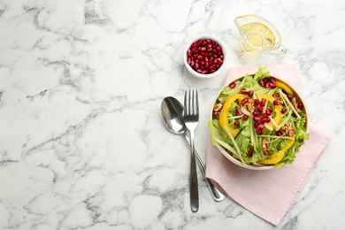 Photo of Delicious fresh celery salad served on white marble table, flat lay. Space for text