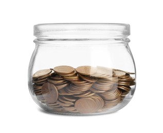 Photo of Glass jar with coins isolated on white