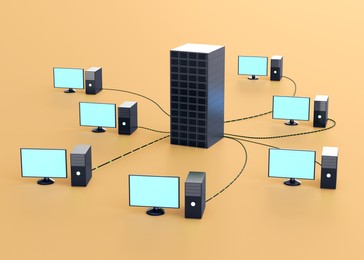 Computers connected with server on light orange background, illustration. Multi-user system