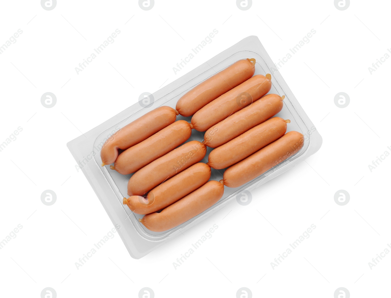 Photo of Plastic container with sausages isolated on white, top view. Meat product