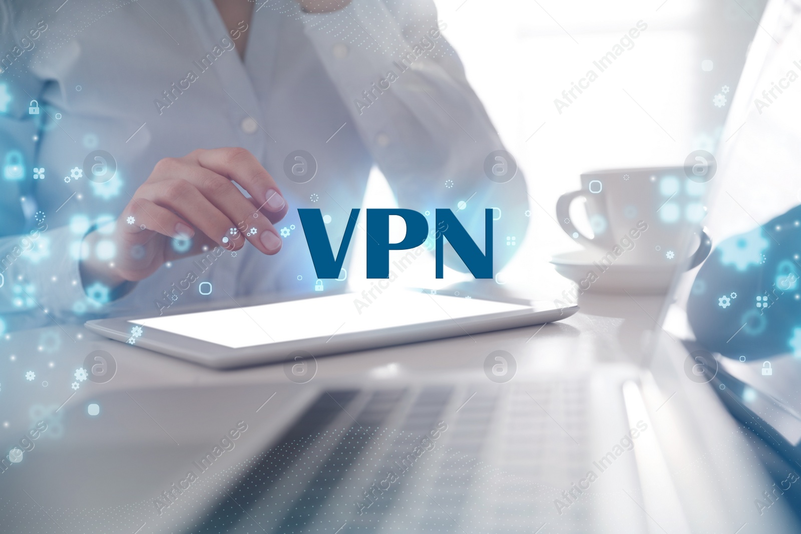 Image of Woman using modern tablet with switched on VPN in office, closeup