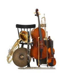 Set of different musical instruments on white background