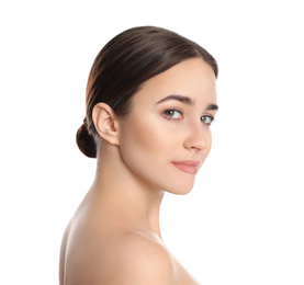 Portrait of young woman with beautiful face on white background