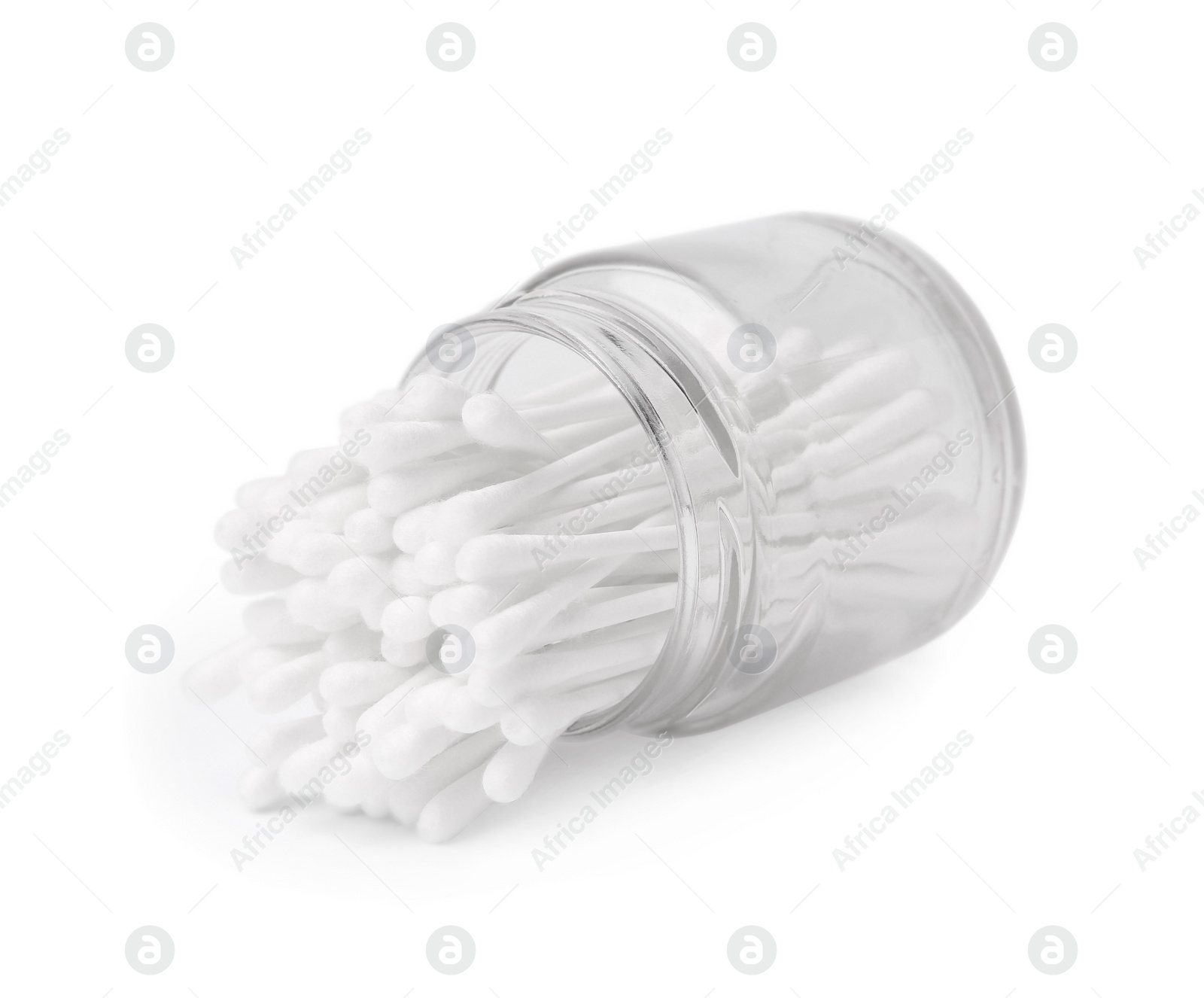 Photo of Glass jar with clean cotton buds isolated on white