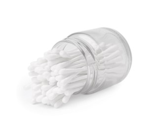 Glass jar with clean cotton buds isolated on white