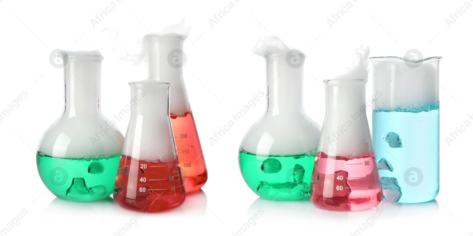 Image of Set of laboratory flasks and beaker with colorful liquids on white background. Chemical reaction