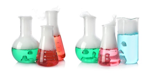 Image of Set of laboratory flasks and beaker with colorful liquids on white background. Chemical reaction