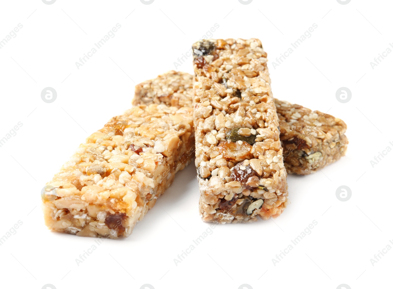 Photo of Different grain cereal bars on white background. Healthy snack