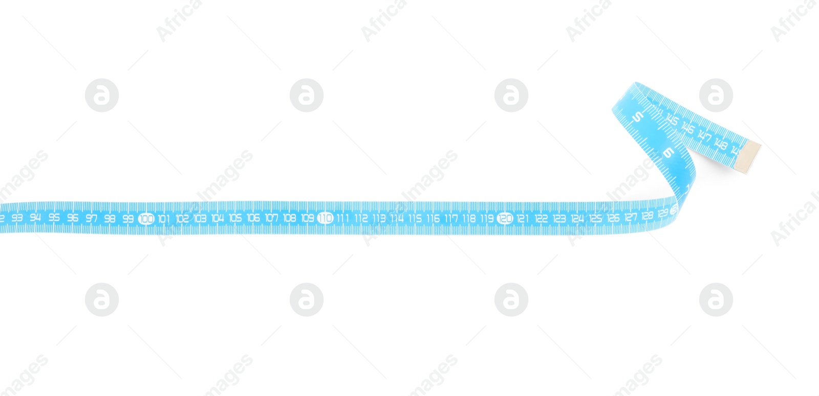 Photo of Light blue measuring tape isolated on white, top view