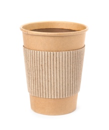 Photo of Hot coffee in takeaway paper cup with cardboard sleeve isolated on white