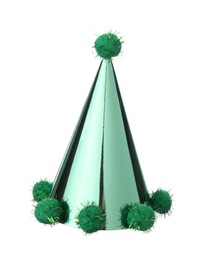 Photo of One shiny green party hat with pompoms isolated on white