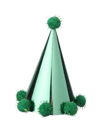 One shiny green party hat with pompoms isolated on white