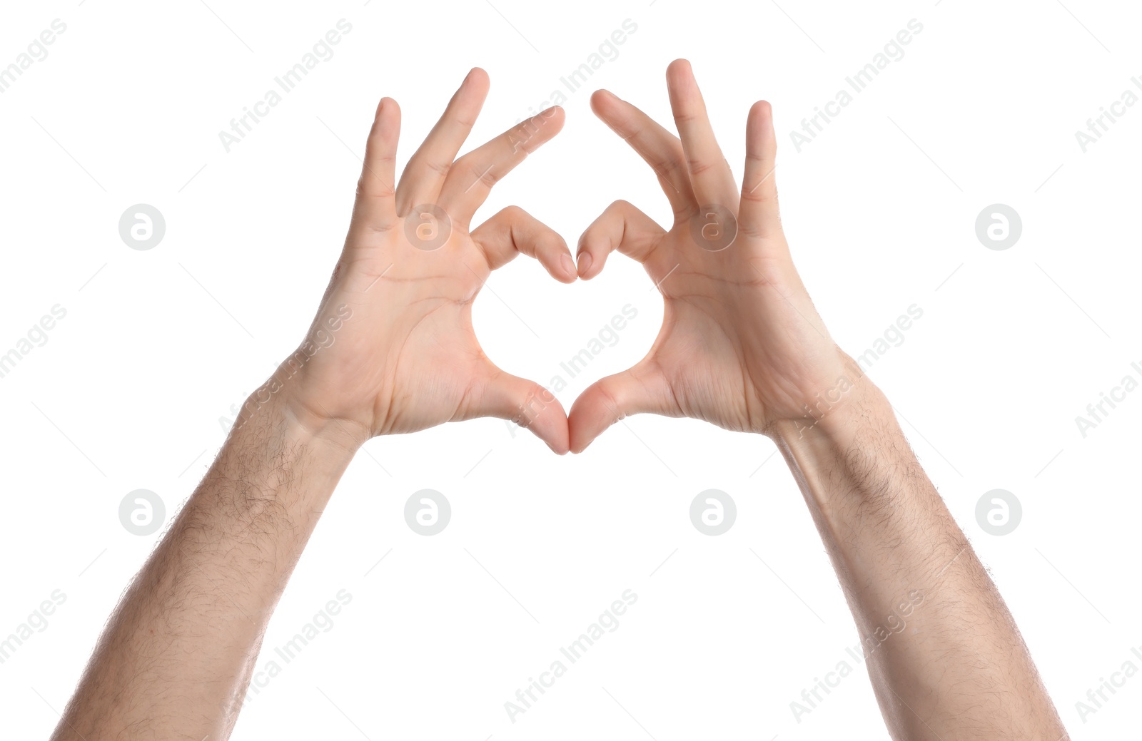 Photo of Man making heart with hands on white background, closeup