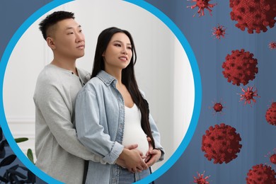 Image of Happy pregnant woman and her man at home. Strong immunity - resistance against infections. Illustration of viruses