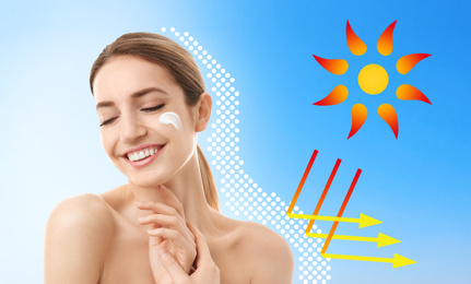 Image of Illustration of sun protection layer and beautiful young woman with healthy skin on blue background