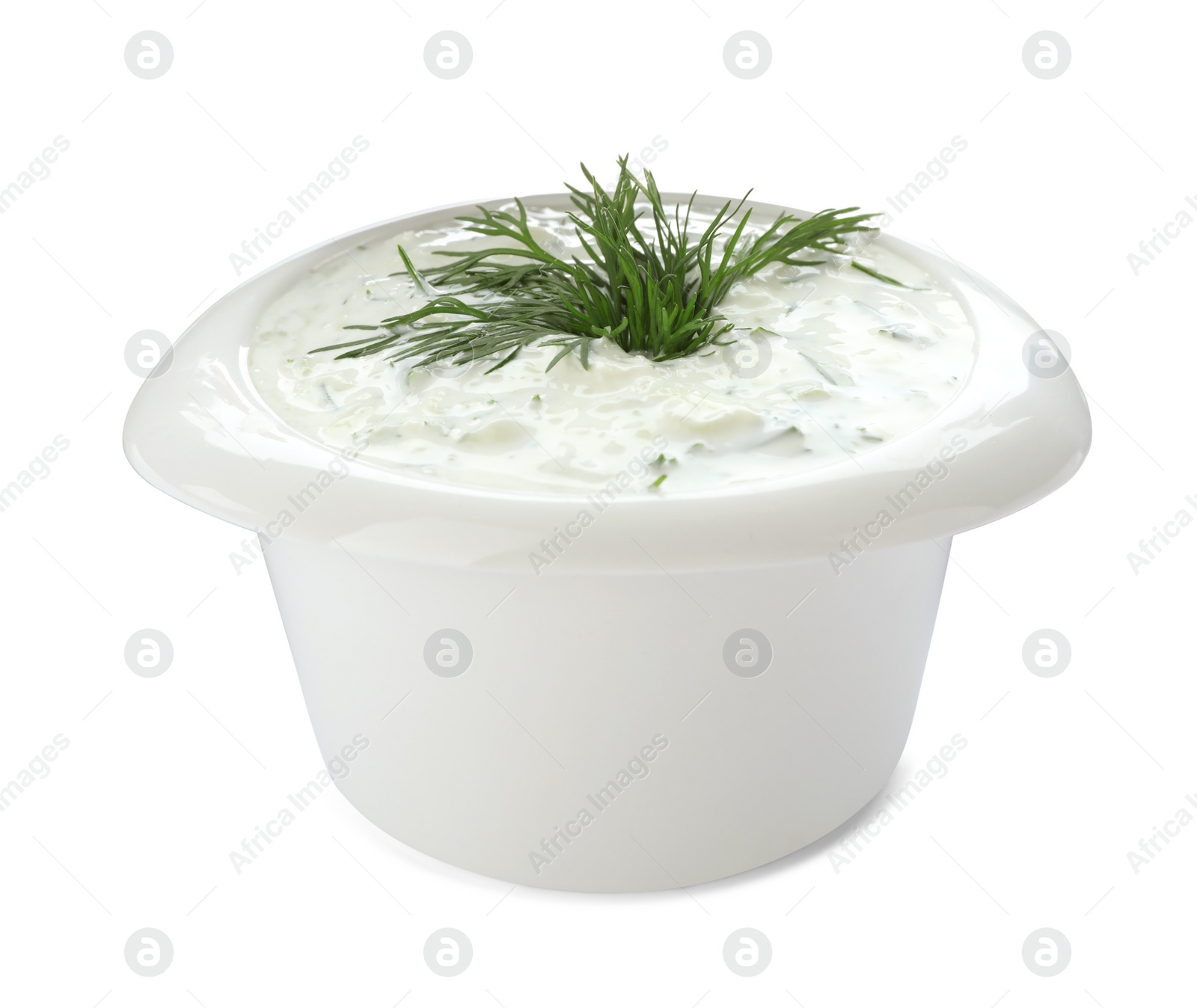 Photo of Bowl with cucumber sauce on white background