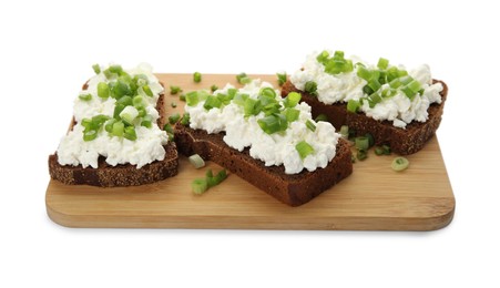 Photo of Bread with cottage cheese and green onion on white background