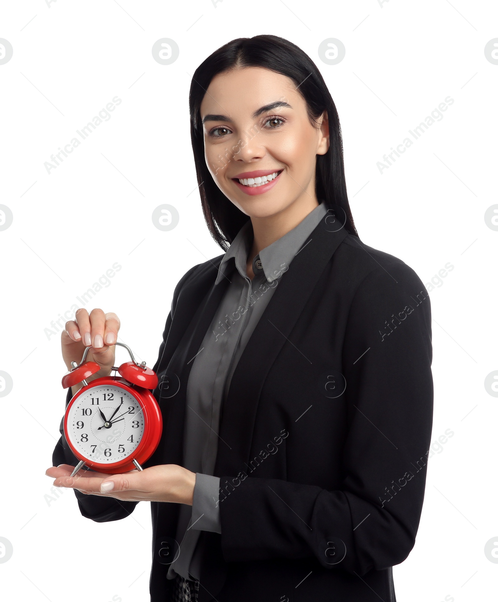 Photo of Businesswoman holding alarm clock on white background. Time management