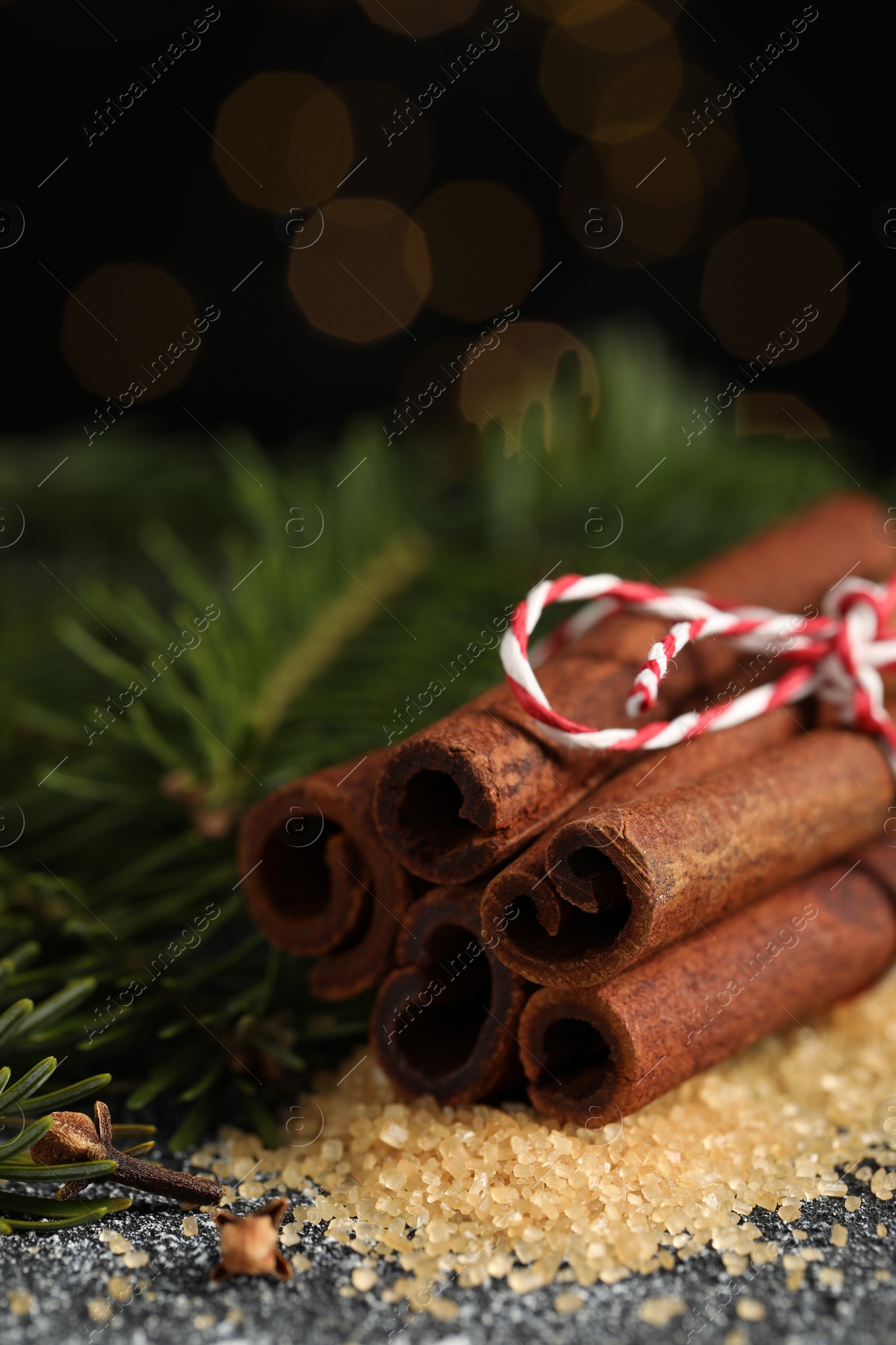 Photo of Different aromatic spices and fir branches on grey textured table, closeup