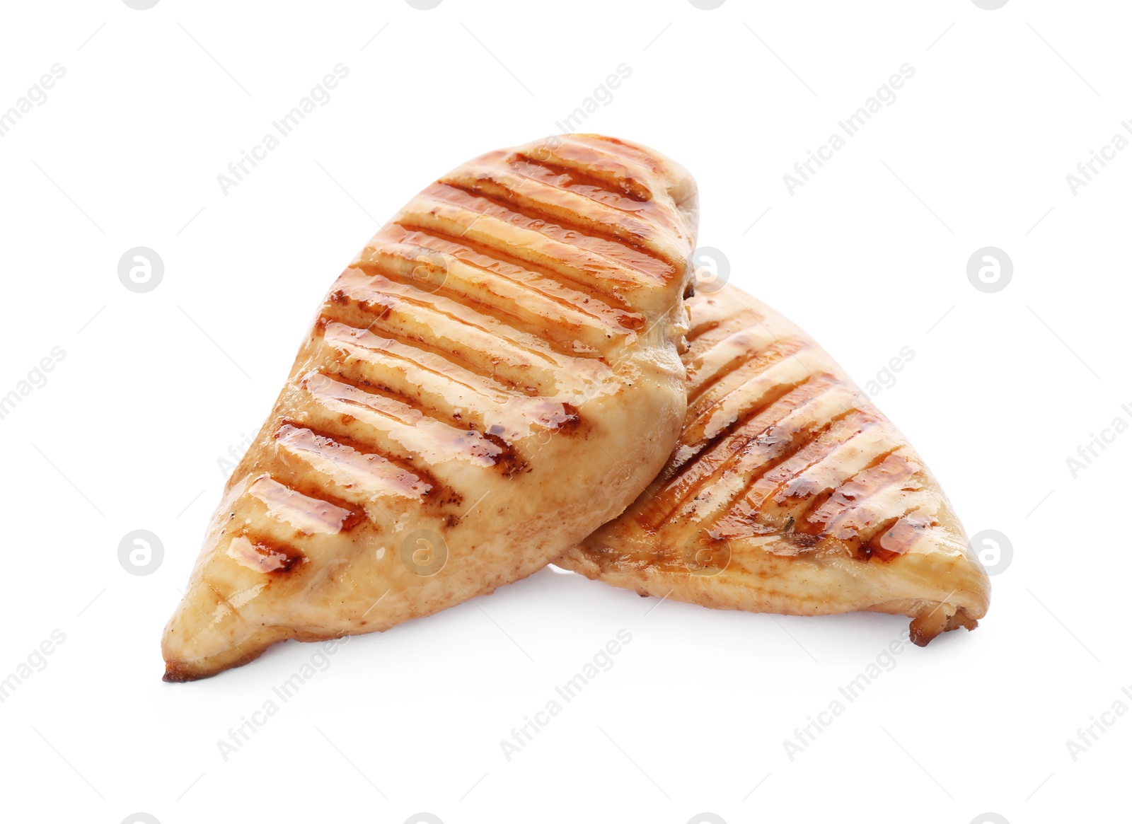 Photo of Tasty grilled chicken fillets isolated on white