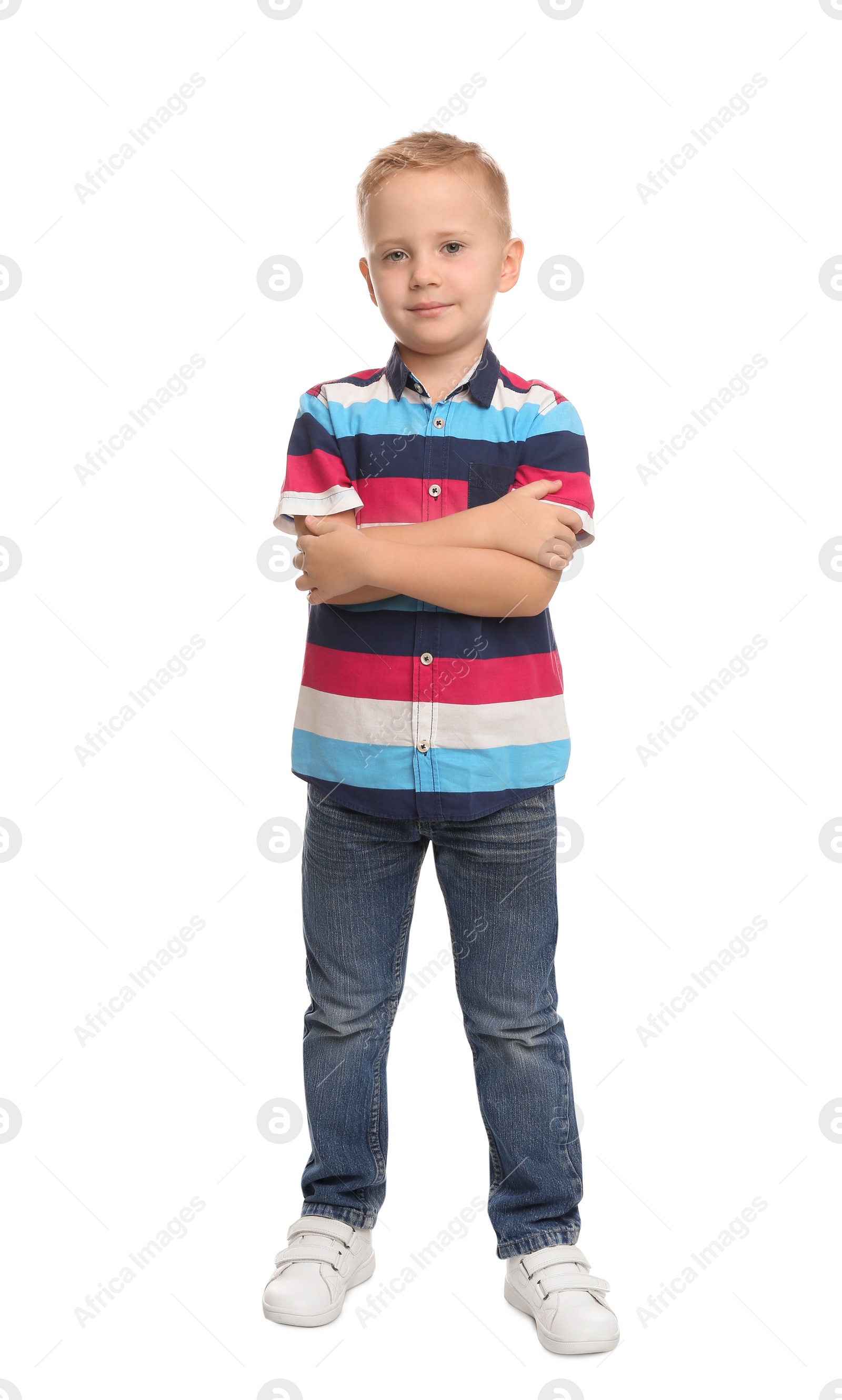 Photo of Full length portrait of cute little boy on white background