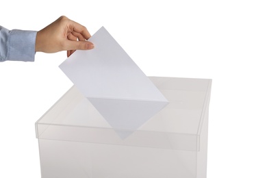 Photo of Woman putting her vote into ballot box on white background, closeup