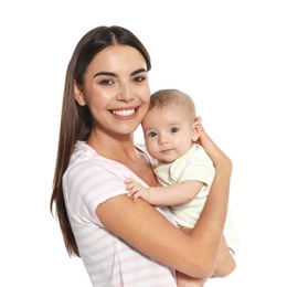 Photo of Portrait of happy mother with her baby isolated on white