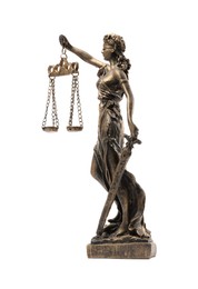 Statue of Lady Justice isolated on white, side view. Symbol of fair treatment under law