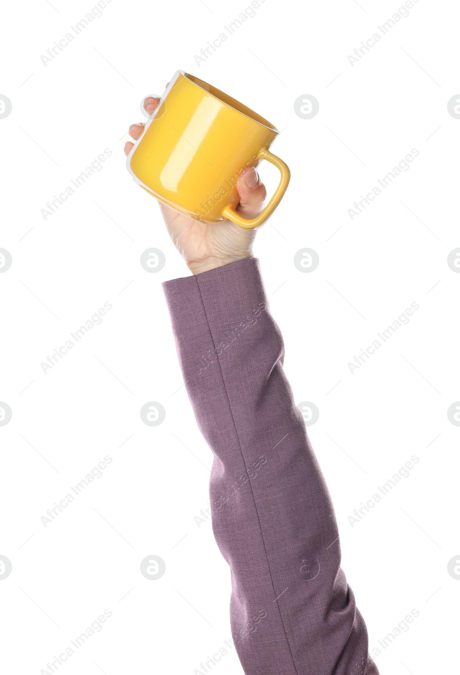 Photo of Woman holding cup on white background, closeup