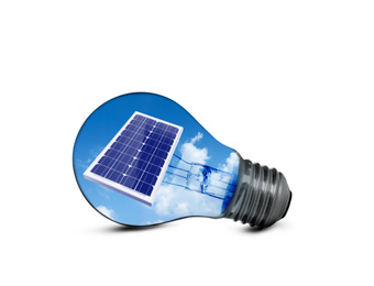 Image of Alternative energy source. Light bulb with solar panel on white background 