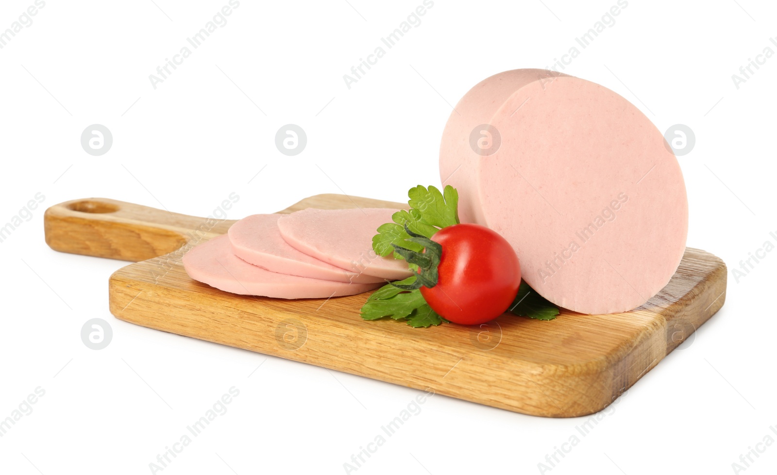 Photo of Wooden board with delicious boiled sausage, tomato and parsley isolated on white