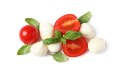 Delicious mozzarella and tomatoes on white background, top view