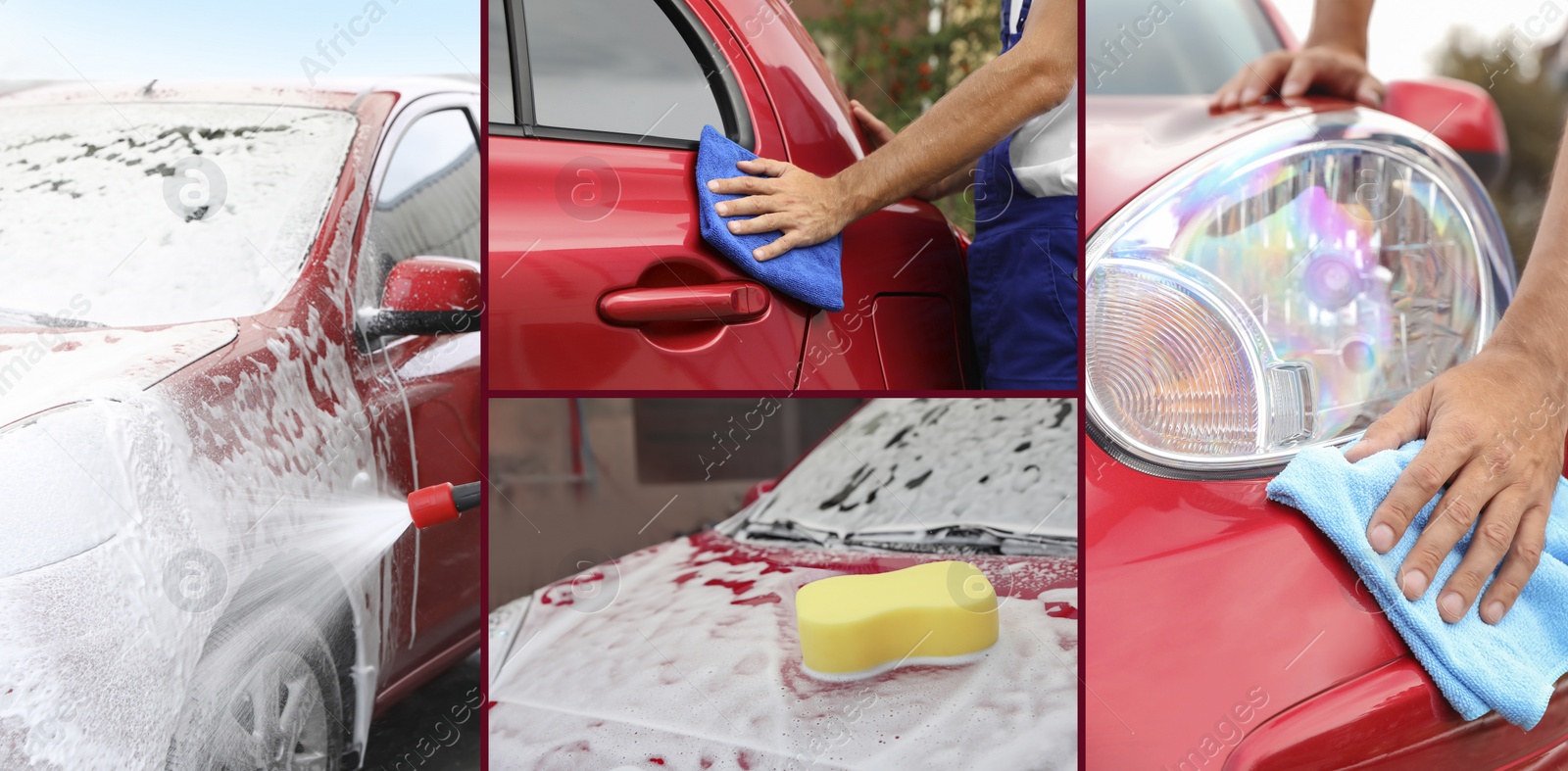 Image of Collage of people cleaning automobiles at car wash, closeup. Banner design