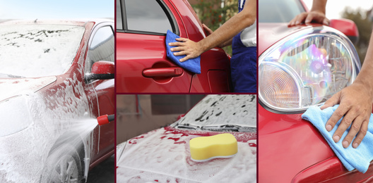 Image of Collage of people cleaning automobiles at car wash, closeup. Banner design