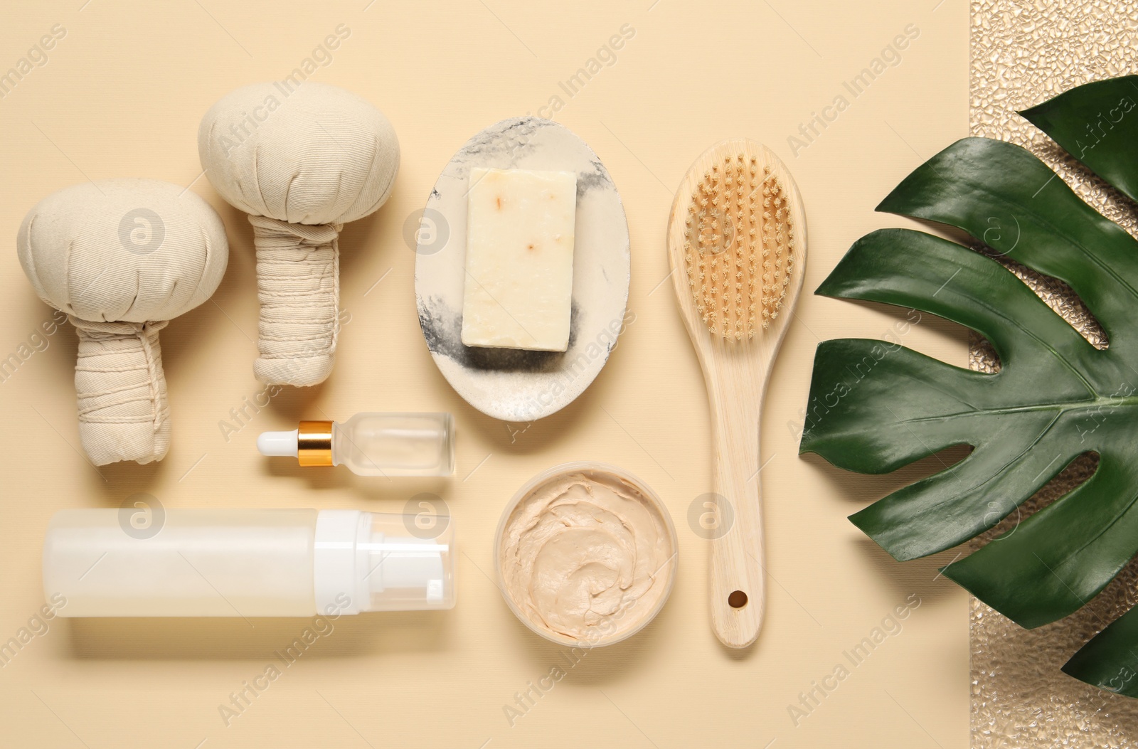 Photo of Bath accessories. Flat lay composition with personal care products on beige background