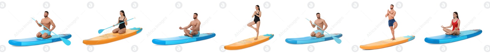 Image of Collage with photos of young man and woman practicing yoga on sup boards isolated on white