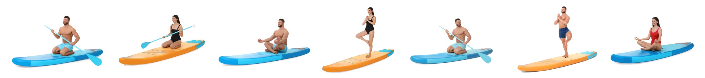 Collage with photos of young man and woman practicing yoga on sup boards isolated on white