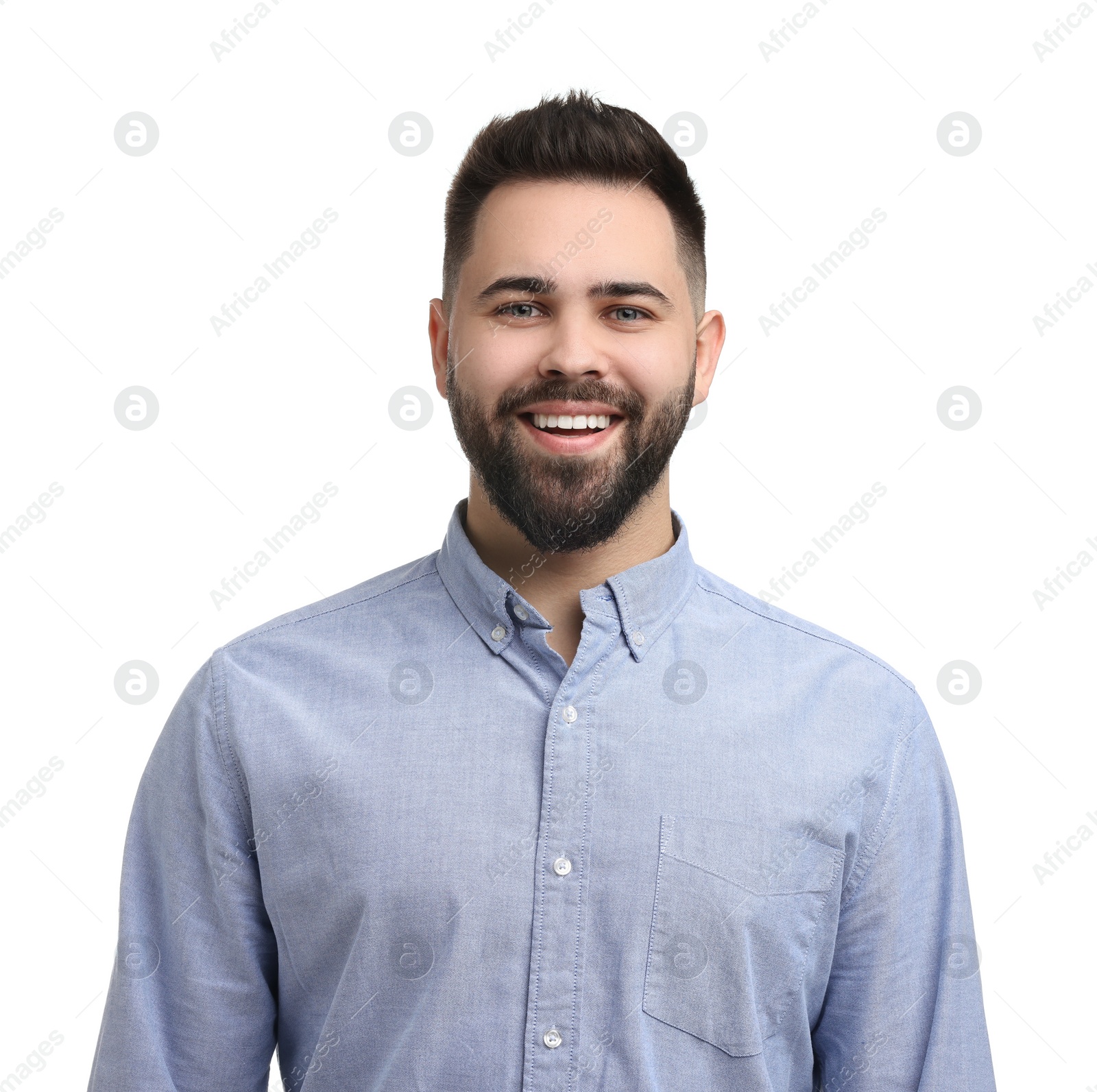 Photo of Portrait of smiling young man on white background