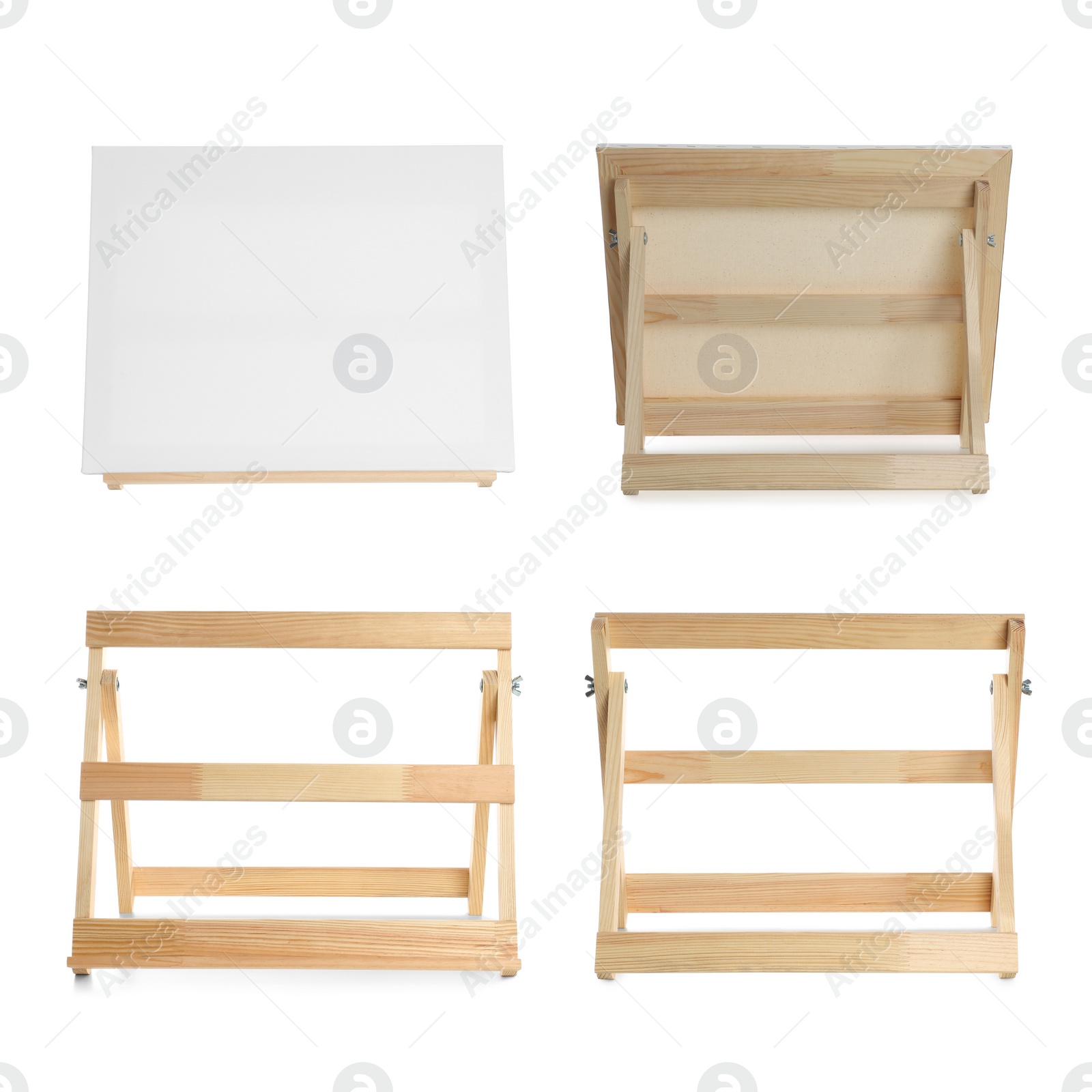 Image of Set with wooden easels on white background