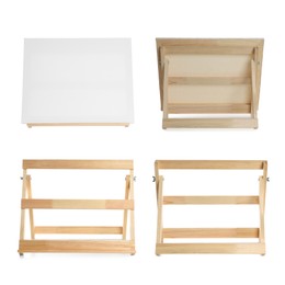 Set with wooden easels on white background